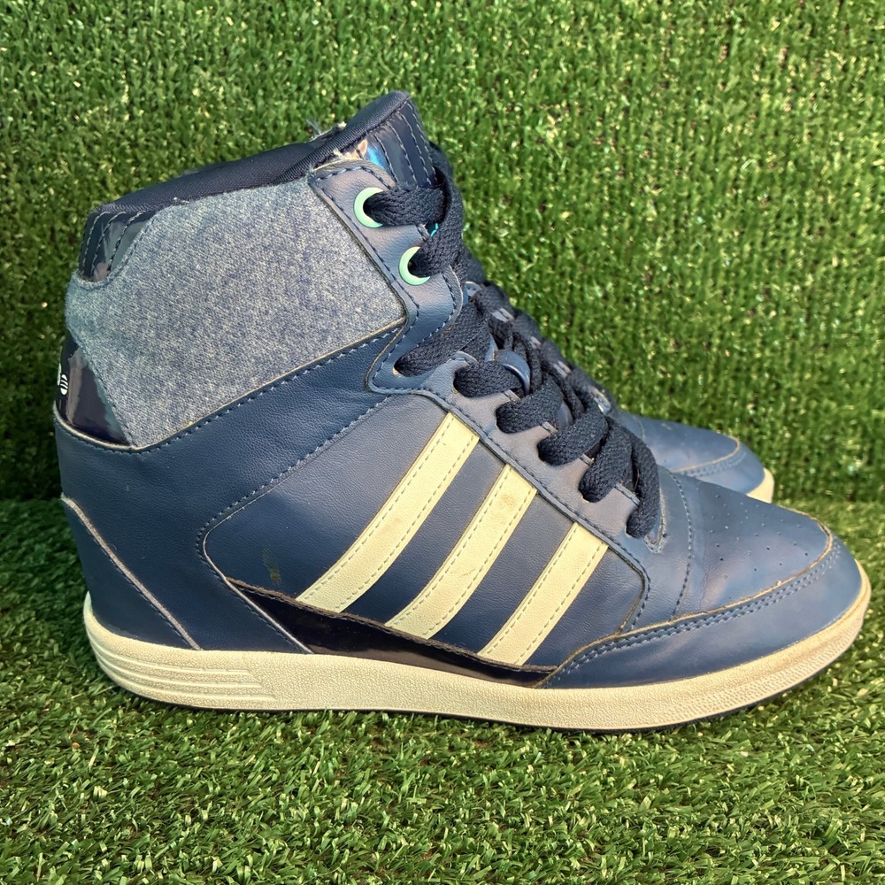 Adidas NEO Super Wedge F98649 High Top Hidden Heel Denim Sneakers Blue Womens 7